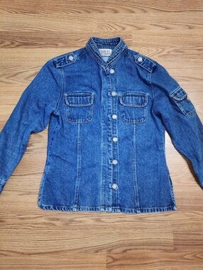 Vtg Bill Blass Womens Sz PS Denim Jacket Military Dark Indigo Blue Long Sleeve